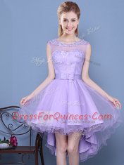 Scoop Lavender Lace Up Quinceanera Dama Dress Lace Sleeveless Mini Length