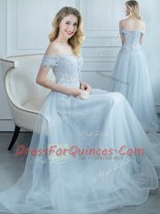 Off the Shoulder Light Blue Cap Sleeves Floor Length Beading and Appliques Lace Up Quinceanera Court of Honor Dress