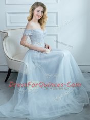 Off the Shoulder Light Blue Cap Sleeves Floor Length Beading and Appliques Lace Up Quinceanera Court of Honor Dress