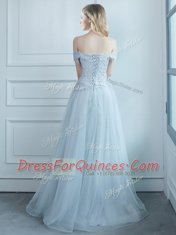 Off the Shoulder Light Blue Cap Sleeves Floor Length Beading and Appliques Lace Up Quinceanera Court of Honor Dress