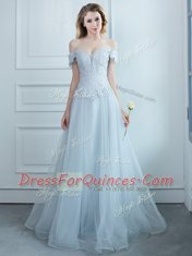Off the Shoulder Light Blue Cap Sleeves Floor Length Beading and Appliques Lace Up Quinceanera Court of Honor Dress