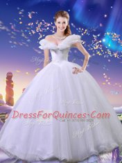 Admirable Cinderella White Lace Up Off The Shoulder Beading and Bowknot Quince Ball Gowns Tulle Sleeveless