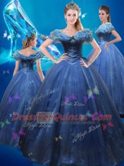 Comfortable Cinderella Navy Blue Ball Gown Prom Dress Sweet 16 and Quinceanera and For with Beading and Bowknot Off The Shoulder Sleeveless Lace Up