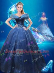 Comfortable Cinderella Navy Blue Ball Gown Prom Dress Sweet 16 and Quinceanera and For with Beading and Bowknot Off The Shoulder Sleeveless Lace Up