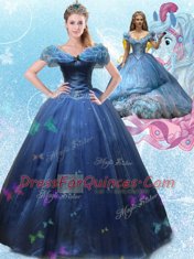 Comfortable Cinderella Navy Blue Ball Gown Prom Dress Sweet 16 and Quinceanera and For with Beading and Bowknot Off The Shoulder Sleeveless Lace Up