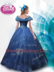 Comfortable Cinderella Navy Blue Ball Gown Prom Dress Sweet 16 and Quinceanera and For with Beading and Bowknot Off The Shoulder Sleeveless Lace Up