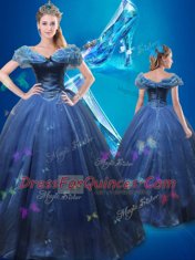 Comfortable Cinderella Navy Blue Ball Gown Prom Dress Sweet 16 and Quinceanera and For with Beading and Bowknot Off The Shoulder Sleeveless Lace Up