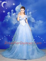 Light Blue Tulle Zipper Off The Shoulder Sleeveless With Train Quinceanera Gown Court Train Beading and Bowknot and Hand Made Flower