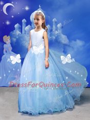 Light Blue Tulle Zipper Off The Shoulder Sleeveless With Train Quinceanera Gown Court Train Beading and Bowknot and Hand Made Flower