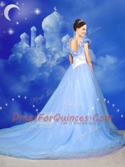 Light Blue Tulle Zipper Off The Shoulder Sleeveless With Train Quinceanera Gown Court Train Beading and Bowknot and Hand Made Flower