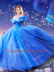 Custom Designed Cinderella Off the Shoulder Sleeveless Floor Length Beading and Bowknot Lace Up Sweet 16 Dresses with Royal Blue