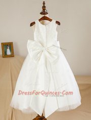 Scoop Lace and Bowknot Flower Girl Dresses for Less White Zipper Sleeveless Floor Length