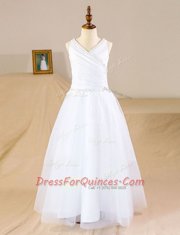 New Style White V-neck Neckline Beading Flower Girl Dress Sleeveless Zipper