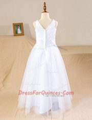 New Style White V-neck Neckline Beading Flower Girl Dress Sleeveless Zipper
