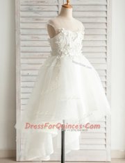 Edgy Scoop Short Sleeves Tulle High Low Zipper Flower Girl Dress in White with Appliques