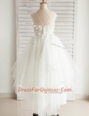 Edgy Scoop Short Sleeves Tulle High Low Zipper Flower Girl Dress in White with Appliques