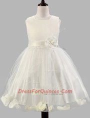 Charming White A-line Tulle Scoop Sleeveless Appliques and Bowknot and Hand Made Flower Floor Length Zipper Flower Girl Dresses for Less