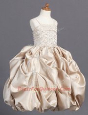 Champagne Taffeta Zipper Spaghetti Straps Sleeveless Floor Length Toddler Flower Girl Dress Beading and Pick Ups