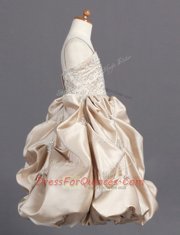 Champagne Taffeta Zipper Spaghetti Straps Sleeveless Floor Length Toddler Flower Girl Dress Beading and Pick Ups
