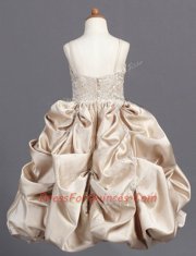 Champagne Taffeta Zipper Spaghetti Straps Sleeveless Floor Length Toddler Flower Girl Dress Beading and Pick Ups
