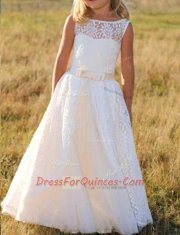 White Lace Zipper Flower Girl Dresses for Less Sleeveless Floor Length Lace