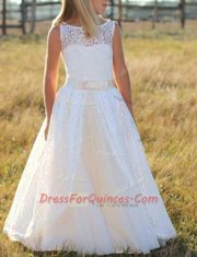 White Lace Zipper Flower Girl Dresses for Less Sleeveless Floor Length Lace