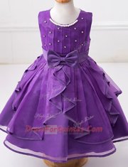High Class Scoop Sleeveless Beading and Ruffles and Bowknot Zipper Flower Girl Dress