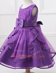 High Class Scoop Sleeveless Beading and Ruffles and Bowknot Zipper Flower Girl Dress