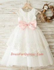 Scoop Floor Length A-line Cap Sleeves White Flower Girl Dress Zipper