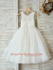 Classical Scoop White Sleeveless Lace Floor Length Toddler Flower Girl Dress