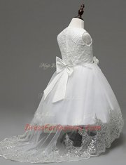 Discount White Flower Girl Dresses for Less Party and Wedding Party and For with Lace and Appliques and Bowknot Scoop Sleeveless Brush Train Zipper