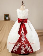 Scoop White Satin Zipper Toddler Flower Girl Dress Sleeveless Floor Length Lace and Appliques and Bowknot