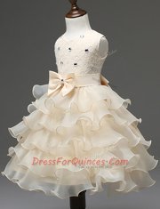 Scoop Sleeveless Flower Girl Dresses Mini Length Beading and Ruffled Layers Champagne Organza