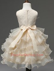 Scoop Sleeveless Flower Girl Dresses Mini Length Beading and Ruffled Layers Champagne Organza