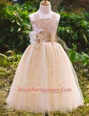 Champagne A-line Tulle Straps Sleeveless Lace Floor Length Lace Up Flower Girl Dress