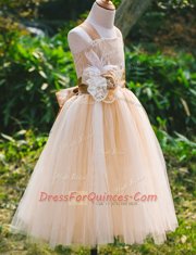 Champagne A-line Tulle Straps Sleeveless Lace Floor Length Lace Up Flower Girl Dress