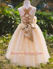 Champagne A-line Tulle Straps Sleeveless Lace Floor Length Lace Up Flower Girl Dress