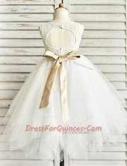 Scoop Ruffled White Sleeveless Tulle Zipper Flower Girl Dresses for Party and Wedding Party