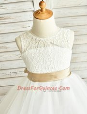 Scoop Ruffled White Sleeveless Tulle Zipper Flower Girl Dresses for Party and Wedding Party
