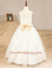 Gorgeous White A-line Scoop Sleeveless Tulle Floor Length Zipper Lace and Sashes ribbons Flower Girl Dresses