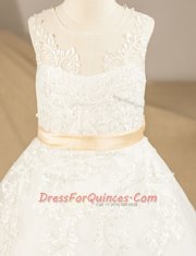 Gorgeous White A-line Scoop Sleeveless Tulle Floor Length Zipper Lace and Sashes ribbons Flower Girl Dresses