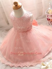 Attractive Baby Pink Tulle Zipper Scoop Sleeveless Floor Length Flower Girl Dress Lace