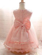 Attractive Baby Pink Tulle Zipper Scoop Sleeveless Floor Length Flower Girl Dress Lace