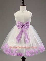 Classical Scoop Floor Length White Flower Girl Dress Tulle Sleeveless Appliques and Hand Made Flower