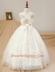 White Flower Girl Dress Party and Wedding Party and For with Lace and Appliques Square Sleeveless Criss Cross