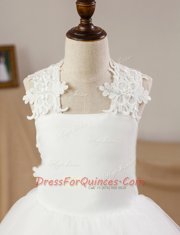 White Flower Girl Dress Party and Wedding Party and For with Lace and Appliques Square Sleeveless Criss Cross
