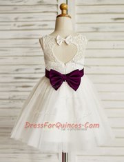 Unique White Scoop Zipper Lace and Bowknot Flower Girl Dresses Sleeveless