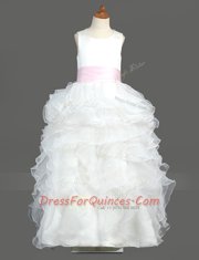 Scoop Ruffled White Sleeveless Organza Zipper Flower Girl Dress for Party and Wedding Party