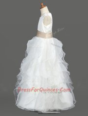 Scoop Ruffled White Sleeveless Organza Zipper Flower Girl Dress for Party and Wedding Party