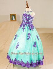 Designer Scoop Floor Length Turquoise Flower Girl Dresses for Less Tulle Sleeveless Beading and Lace and Appliques